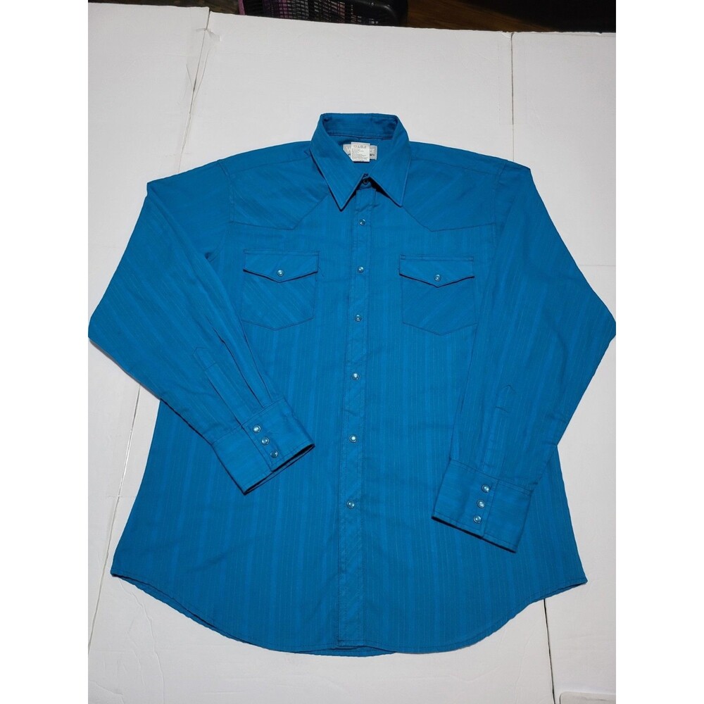 (#18) Vtg Wrangler Western Shirt L Blue Pearl Snap Long Sleeve